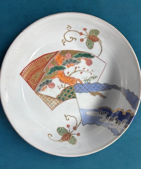 古伊万里 大鉢 [松竹梅草花風景扇文図] 色絵 鉢 丸皿 取り皿 飾り皿 和食器 江戸 伊万里 陶器 骨董品 アンティーク