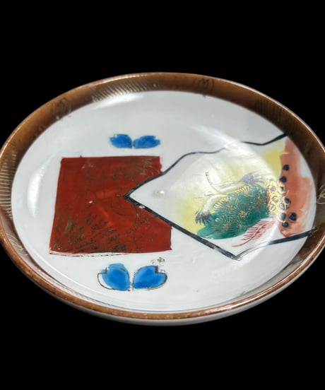 色絵 丸皿 [松鶴 窓絵] 時代物 小皿 取り皿 盛り皿 飾り皿 レトロ 昭和初期 和食器 骨董品 アンティーク