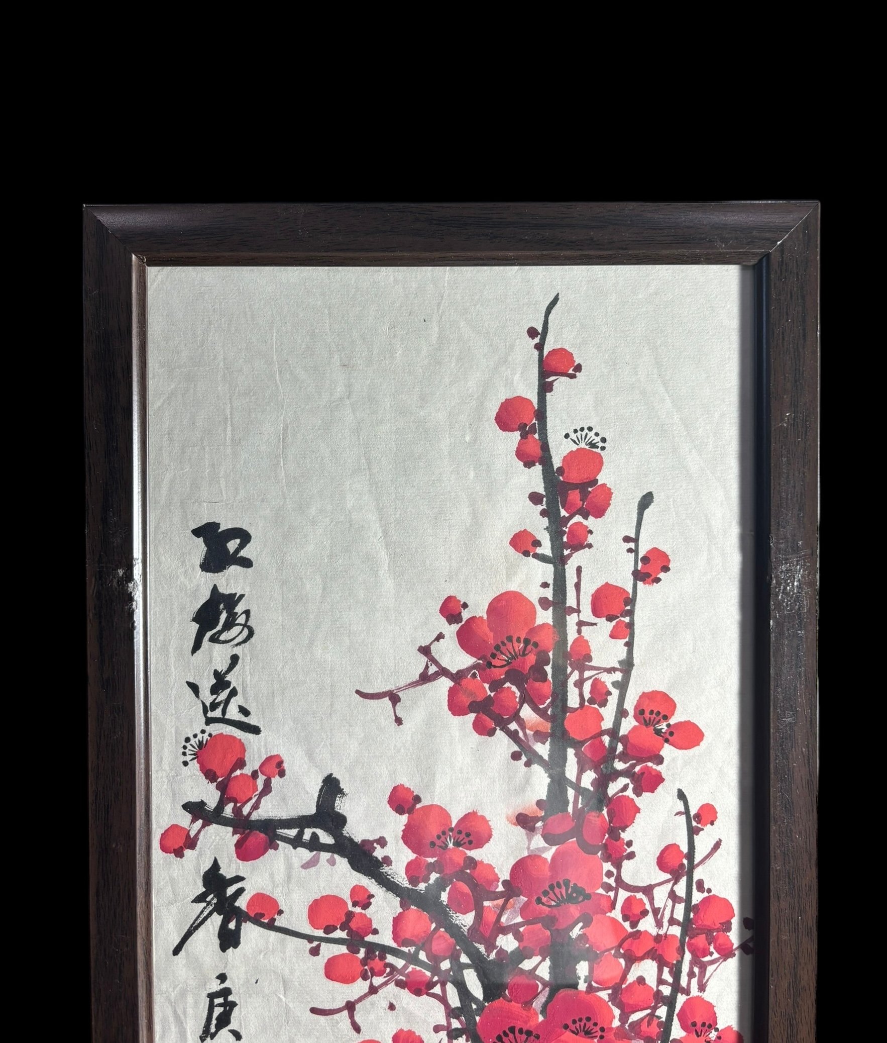 中国美術 水墨画【紅梅】額装 壁掛 額 絵画 梅 色絵 民国 古美術 装飾