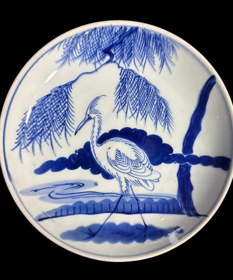古伊万里 染付 松 鷺 大皿 鷺文 丸皿 平皿 取り皿 盛り皿 飾り皿 時代物 和食器 骨董品 アンティーク