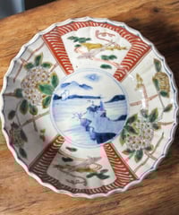 なます皿 [風景紫陽花魚文] 伊万里 色絵 丸皿 盛り皿 飾り皿 アジサイ 古伊万里 古美術 和食器 骨董品 アンティーク