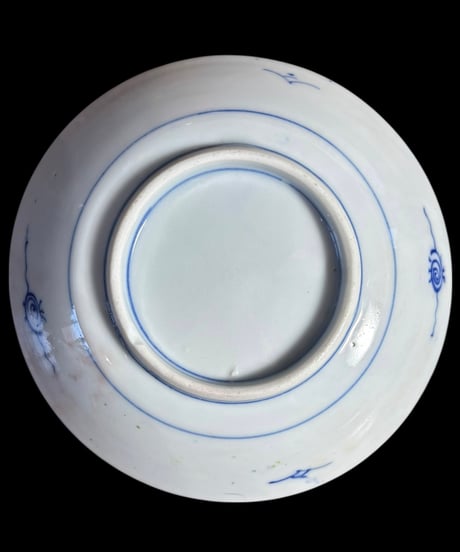 【6客セット】 古伊万里 染付 福 扇子 丸皿 取り皿 飾り皿 和食器 伊万里 陶器 骨董品 アンティーク
