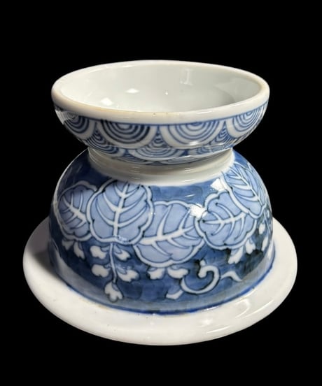 明治期 古伊万里 染付 盃洗 山水遊覧絵図 高台 高足鉢 プランター レトロ 陶器 骨董品 アンティーク