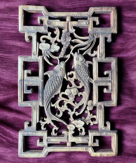 中国手彫り彫刻パネル [鯉草花絵] 木彫り 中国 木製 和風 手彫り 彫刻 古民具 中国雑貨 壁飾り インテリア レトロ アンティーク