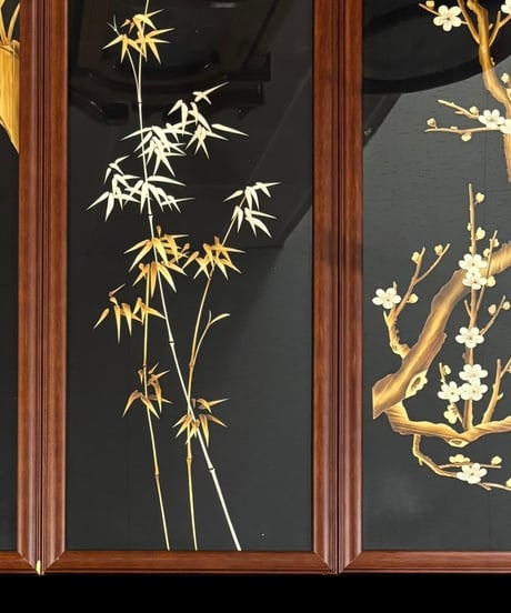 中国美術 絵画 4枚セット【菊蘭竹梅】額装 壁掛 扁額 五彩 色絵 蒔絵 貼り絵 切り絵 民国 古美術 インテリア アンティーク コレクション