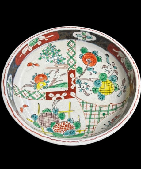 古伊万里 大鉢 [蝶草花文図] 色絵 鉢 丸皿 取り皿 飾り皿 和食器 江戸 伊万里 陶器 骨董品 アンティーク