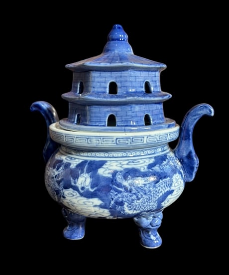 染付 龍 三足 香炉 香道具 美術品 インテリア 置物 陶器 中国 時代物 骨董品 アンティーク