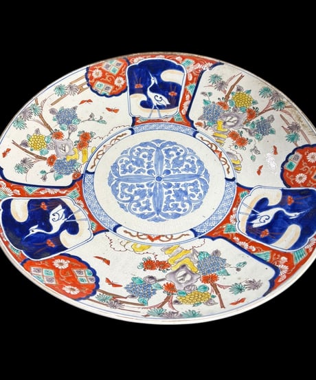 古伊万里 色絵 [窓絵鶴蝶草花文図] 大皿 丸皿 取り皿 飾り皿 和食器 江戸 伊万里 陶器 骨董品 アンティーク