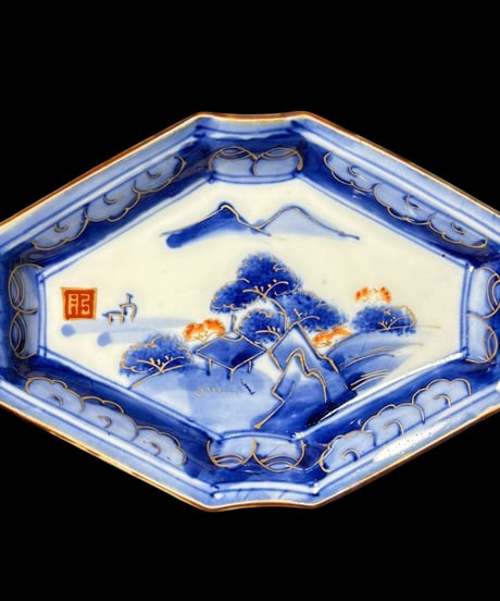 伊万里 染錦 [山水風景絵] 変形皿 小鉢 小皿 染付 取り皿 盛り皿 飾り皿 和食器 明治 骨董品 アンティーク