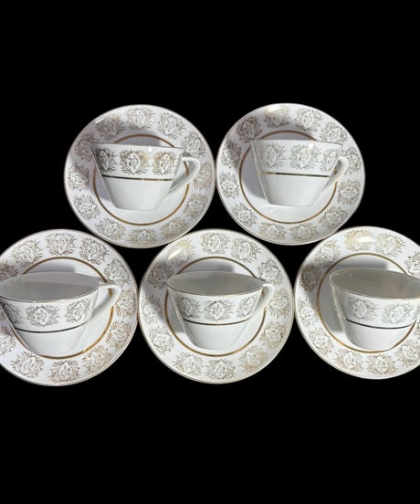 【5客揃】 glory CHINA カップ&ソーサー 花鳥柄 ゴールド マグカップ 鶴 紅茶 コーヒー カップ 茶器 昭和 レトロ アンティーク