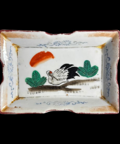 【2客セット】 昭和前期 刺身皿 鶴 松 四角皿 絵皿 和食器 時代物 骨董品 アンティーク