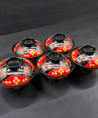 【5客セット】 蔵出し 蒔絵 仙才煮物椀 赤絵 漆器 塗物 塗椀 天然木 茶道具 懐石 和食器 骨董品 アンティーク