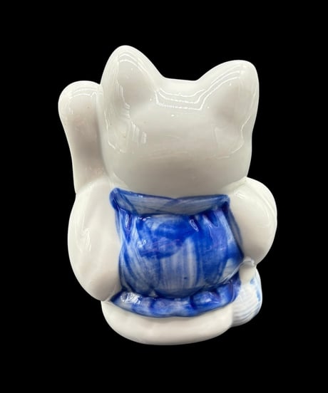 【2体セット】 寿 招き猫 千万両 白猫 右手 染付 縁起物 開運 商売繁盛 貯金箱 陶器 昭和 レトロ 工芸品 インテリア 骨董品 アンティーク