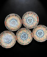 【5客セット】 古伊万里 錦手 金彩 色絵 鳳凰桐葉文図 明治 小皿 丸皿 取り皿 盛り皿 飾り皿 和食器 陶器 骨董品 アンティーク