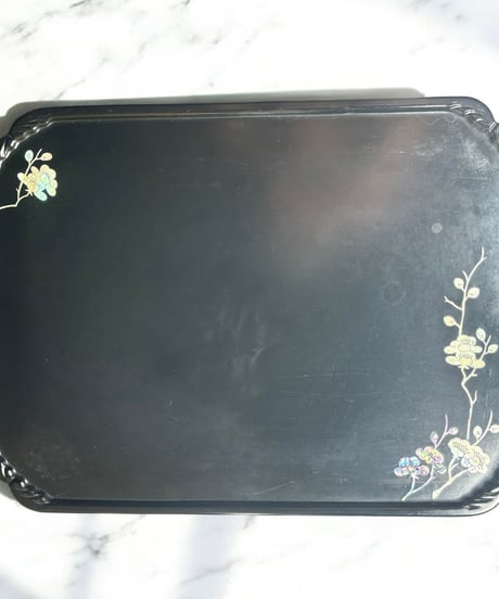 お盆 草花 螺鈿細工 角盆 菓子盆 螺鈿 トレー 盆 漆 古道具 古民具 骨董品 レトロ アンティーク