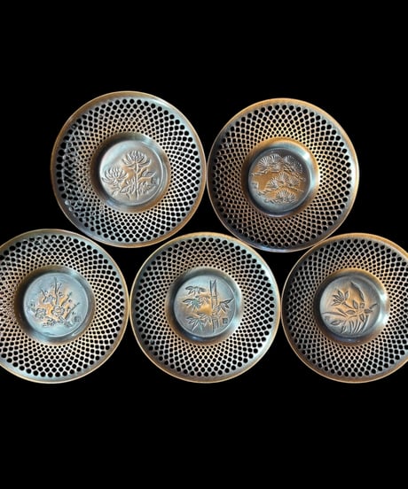 【5客セット】純銅 茶托 透かし 柄違い [松竹梅蘭菊] 和食器 昭和 骨董品 アンティーク