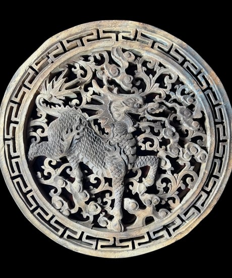 中国手彫り彫刻パネル [麒麟] 木彫り 中国 木製 和風 手彫り 彫刻 キリン 中国雑貨 壁飾り インテリア レトロ アンティーク