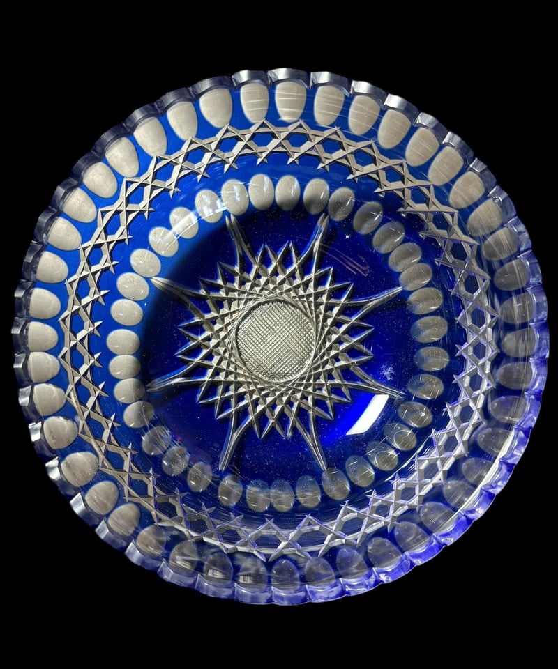 楠迪庵 切子 青 ガラスボウル 色被せ ガラス鉢 カットガラス 鉢