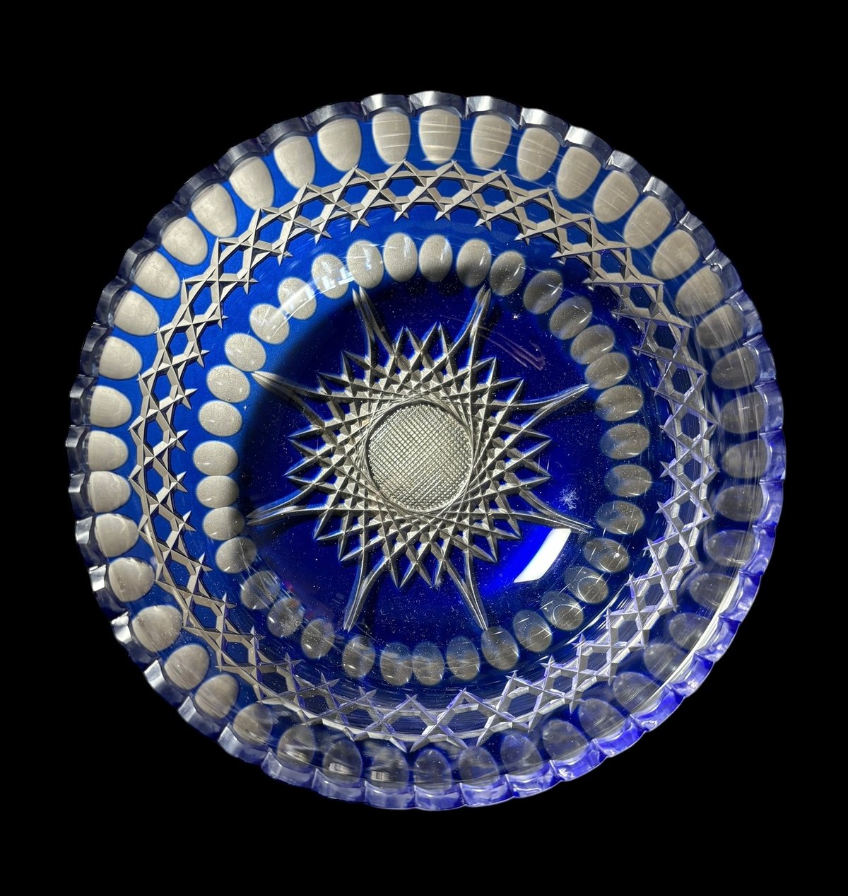 楠迪庵 切子 青 ガラスボウル 色被せ ガラス鉢 カットガラス 鉢