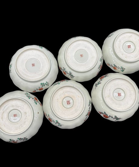 【6客セット】 古伊万里 なます皿 金彩 松竹梅 山水風景図 色絵 膾皿 和食器 時代物 陶器 骨董品 アンティーク