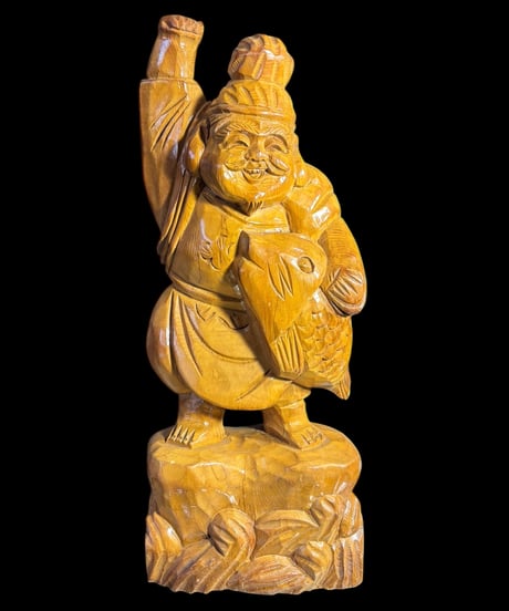 木彫り 恵比寿 七福神 木製 恵比寿様 開運 縁起物 彫刻 仏像 古美術 インテリア 置物 オブジェ 骨董品 アンティーク