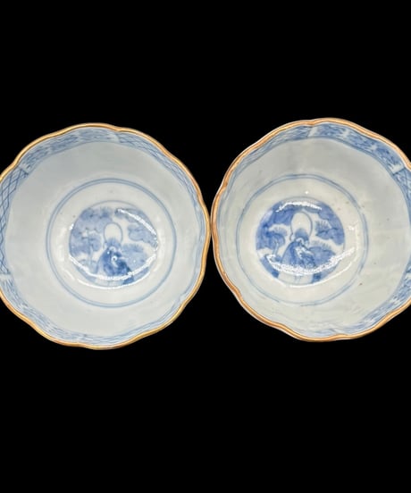 【2客セット】 時代物 古伊万里 湯呑み 金彩 赤絵 花台草花文図 冨貴長春 色絵 蕎麦猪口 和食器 陶器 骨董品 アンティーク