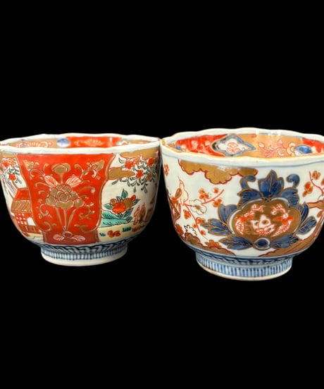 【2客セット】 時代物 古伊万里 湯呑み 金彩 色絵 冨貴長春 絵違い 赤絵 蕎麦猪口 和食器 陶器 骨董品 アンティーク