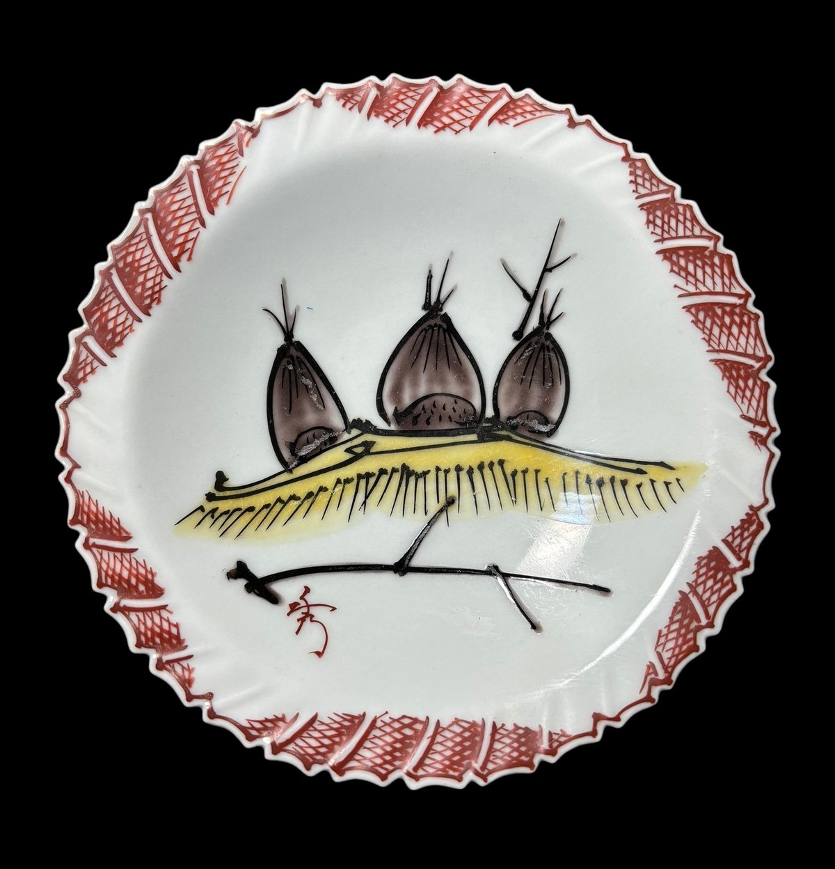 九谷焼 小多慧作 色絵竹花鳥図 飾皿