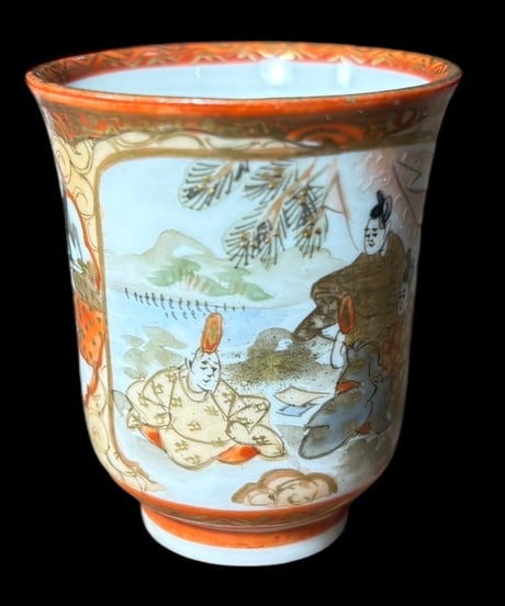 【希少!!】九谷造 お猪口 色絵 金彩 [松竹梅鳥文風景窓絵 粉彩人物絵] ぐい呑 コップ 湯呑み 久谷 古久谷 和食器 骨董品 アンティーク
