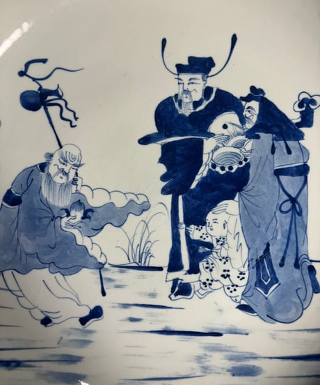 染付 清末【風景人物絵】大皿 丸皿 唐人 明 中国美術 盛り皿 飾り皿 和食器 古美術 骨董品 アンティーク