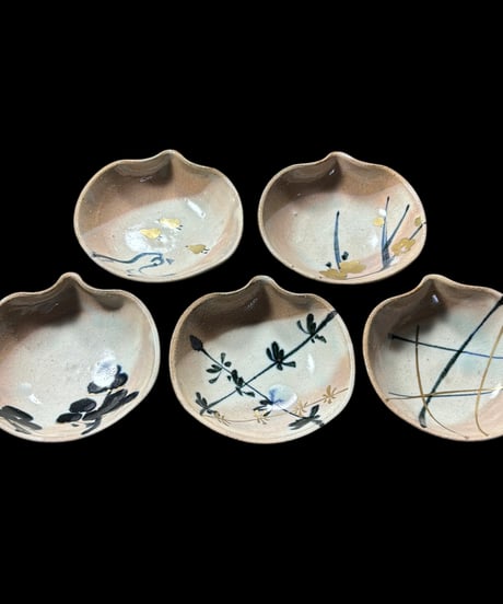 【5客セット】橘吉 図変わり [松竹梅鳥波文絵] 豆皿 小鉢 取り皿 小皿 丸皿 和食器 骨董品 アンティーク