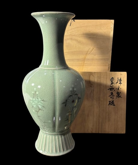 高麗青磁 象嵌 蛍堂 花瓶 フラワーベース 桐箱 花器 陶器 置物 韓国 インテリア 骨董品 ヴィンテージ