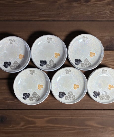 【6客セット】明治硬質磁器 オーロラ 葉 小皿 色絵 小鉢 丸皿 取り皿 盛り皿 飾り皿 江戸 和食器 骨董品 アンティーク
