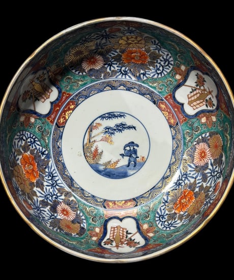 明治期 吉田嶋清作 錦地丼鉢 三ッ組 古伊万里 金彩 色絵 大鉢 人物風景菊文図 盛り皿 飾り皿 古伊万里 古美術 骨董品 アンティーク