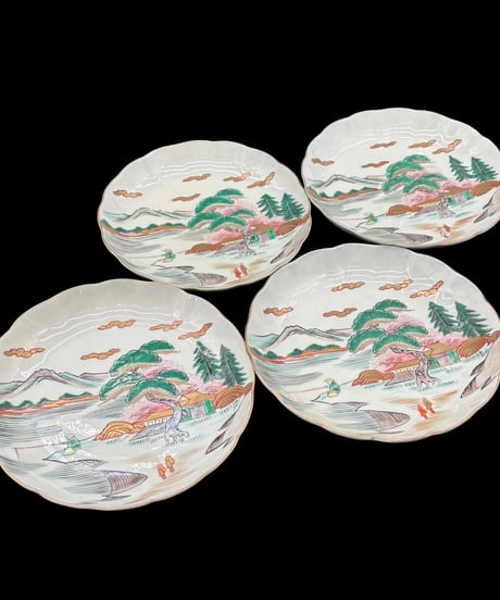 【4客セット】 古伊万里 大皿 金彩 松竹梅 山水風景図 色絵 盛り皿 取り皿 和食器 時代物 陶器 骨董品 アンティーク