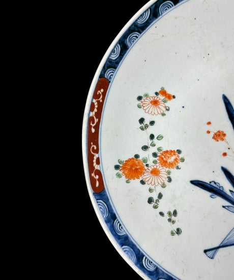 伊万里 色絵 [扇子 草花菊松絵] 丸皿 大皿 絵皿 取り皿 飾り皿 和食器 江戸 古伊万里 陶器 骨董品 アンティーク