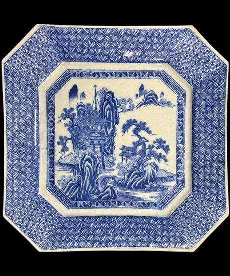 古伊万里 八角絵皿 [山水風景文図] 染付 年代物 八角皿 角皿 平皿 取り皿 盛り皿 飾り皿 伊万里 和食器 骨董品 アンティーク