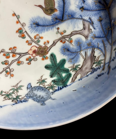 古伊万里 大鉢 鶴亀松竹梅 柿右衛門様式 色絵 鉢 取り皿 飾り皿 和食器 明治 伊万里 陶器 骨董品 アンティーク