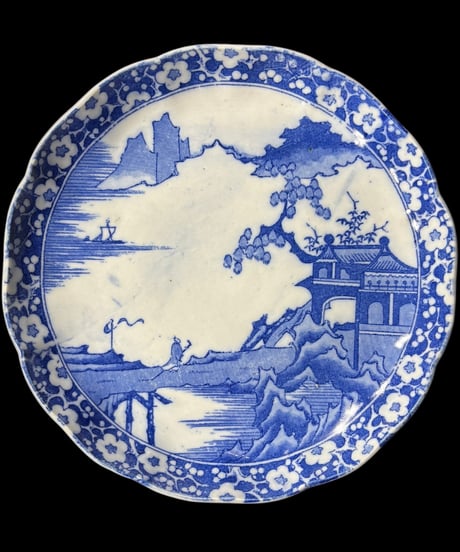 染付 平皿 [風景山水松人物絵] 丸皿 印判 大皿 取り皿 盛り皿 飾り皿 和食器 骨董品 アンティーク