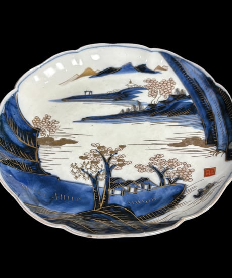 明治前期 古伊万里 染付 金彩 山水風景図 大皿 取り皿 飾り皿 和食器 陶器 骨董品 アンティーク