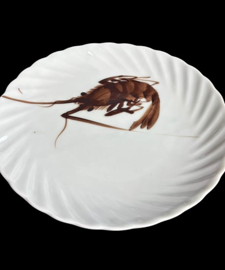 【3客セット】海老 絵皿 東雲 丸皿 エビ 陶芸 取り皿 盛り皿 飾り皿 和食器 昭和 レトロ 骨董品 アンティーク