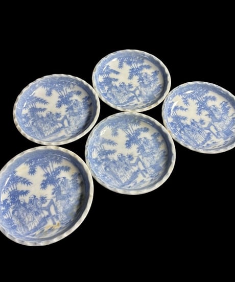 【5客セット】 古伊万里 染付 小皿 人物風景図 銘々皿 丸皿 和食器 伊万里 陶器 時代物 骨董品 アンティーク