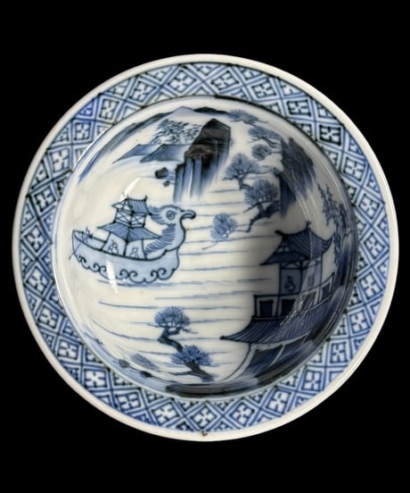 明治期 古伊万里 染付 盃洗 山水遊覧絵図 高台 高足鉢 プランター レトロ 陶器 骨董品 アンティーク