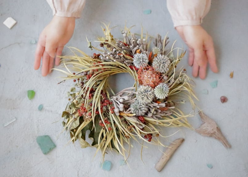 Natural＊スモークツリー、瑠璃玉アザミのリース☆ドライフラワーリース