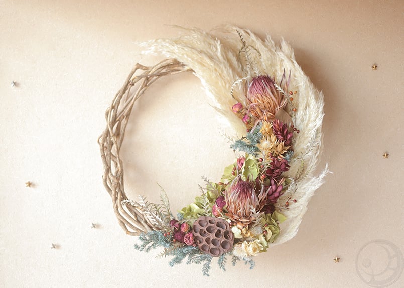 ずっと旬オプションあり！プロテアとパンパスグラスの大きなリース
