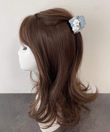 Sequins flower 4 Sky Blue White × Multicoloured Check(mini mini ribbon clip)