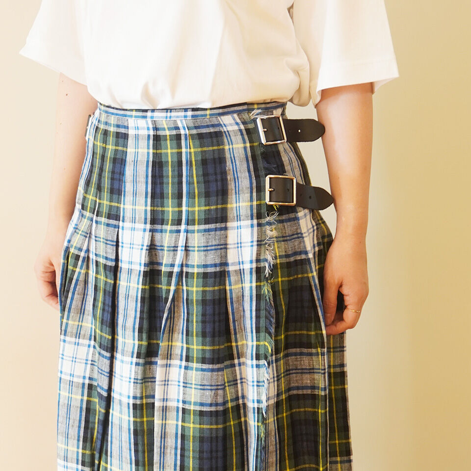 美品✨ オニールオブダブリン ラップスカート　ベルト 牛革 チェック イエロー 美品✨】オニールオブダブリン ラップスカート ベルト 牛革 チェック
