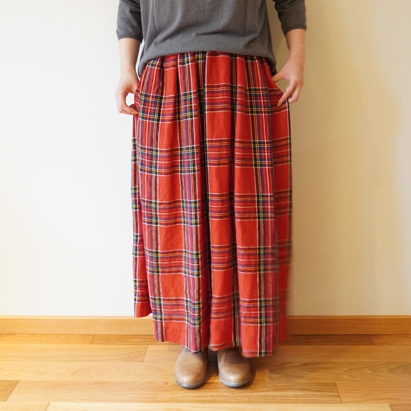 Véritécœur 赤 リネン スカート　ST091 Sarahwear／タータンチェックリネンスカート | Beignets Online