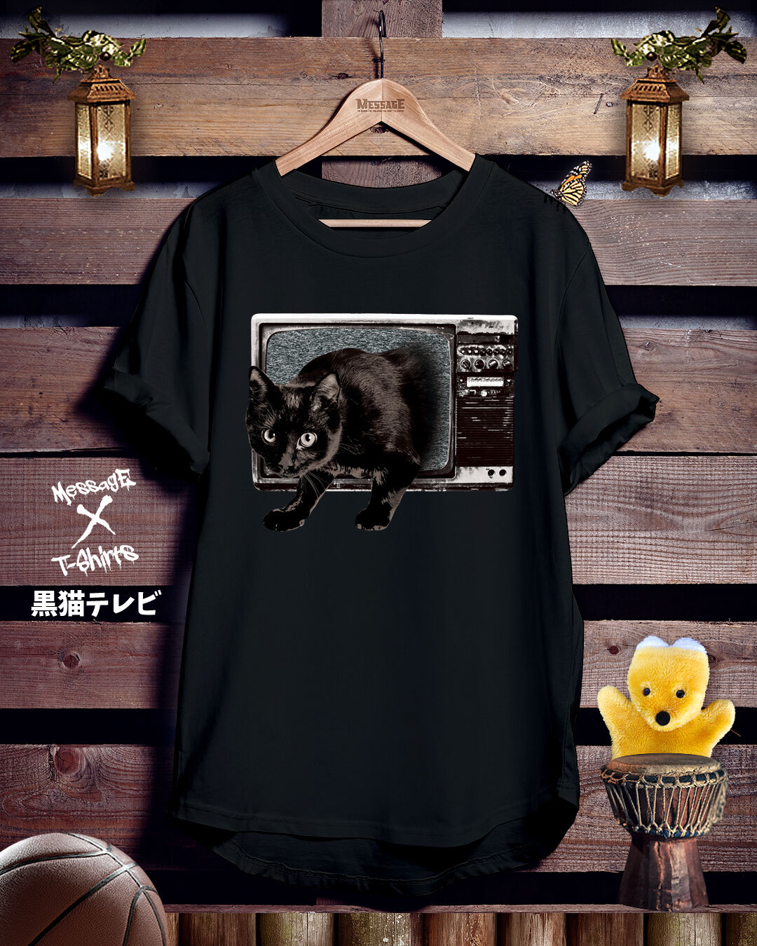 アニマルホラー黒Tシャツ「黒猫テレビ」