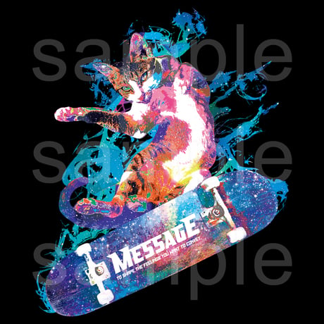 ねこスケートボード長袖黒Tシャツ「HIGH SPLASH」